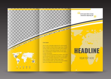 Kurumsal panelli broşür şablonu tasarımı. Dünya harita Infographic öğesi ve fotoğraf için yer ile. 