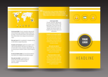 Kurumsal panelli broşür şablonu tasarımı. Dünya harita Infographic öğesi ve fotoğraf için yer ile.  