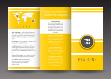 Kurumsal panelli broşür şablonu tasarımı. Dünya harita Infographic öğesi ve fotoğraf için yer ile.  