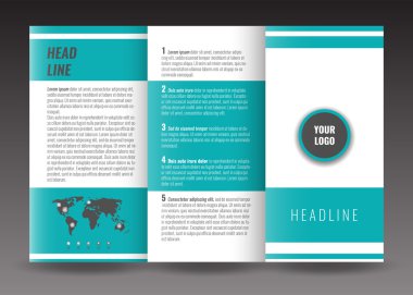 Kurumsal panelli broşür şablonu tasarımı. Dünya harita Infographic öğesi ve fotoğraf için yer ile.  