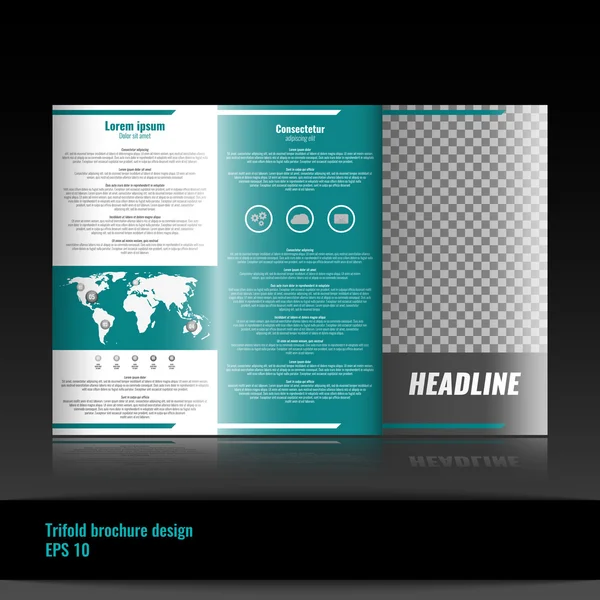 Design de modelo de brochura de três dobras corporativas. Com elemento infográfico mapa do mundo e lugar para foto . — Vetor de Stock