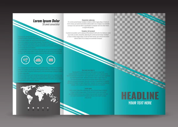 Corporate driebladige brochure sjabloonontwerp. Met wereld kaart infographic element en plaats voor foto. — Stockvector