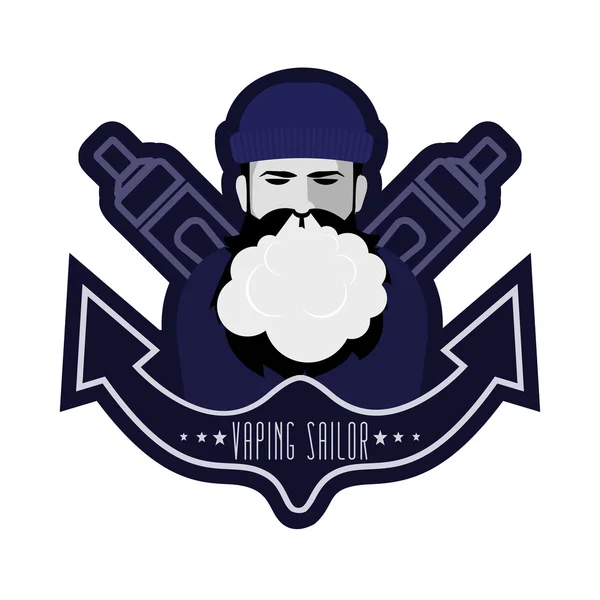 Vaping Sailor logo. Bearded vaping man. — Stock Vector