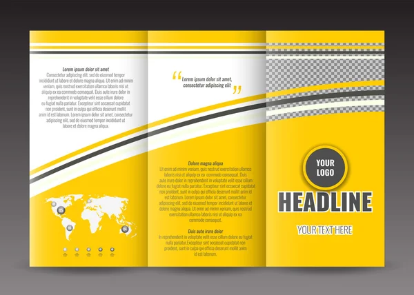Driebladige business sjabloon brochureontwerp met wereld kaart infographic element. — Stockvector