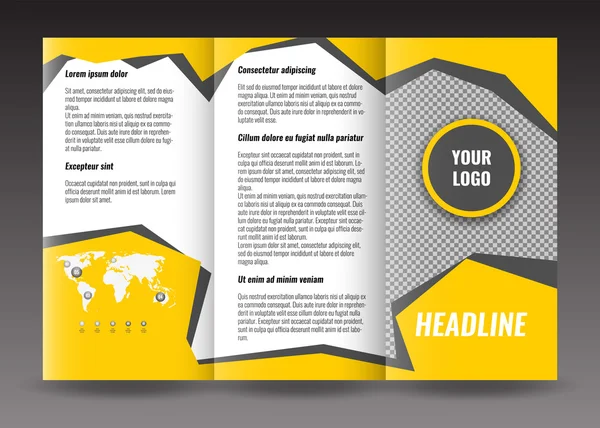Corporate driebladige brochure sjabloonontwerp. Met wereld kaart infographic element. — Stockvector