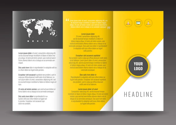 Corporate driebladige brochure sjabloonontwerp. Met wereld kaart infographic element en plaats voor foto. — Stockvector