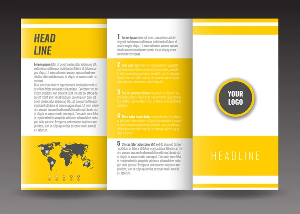 Corporate driebladige brochure sjabloonontwerp. Met wereld kaart infographic element en plaats voor foto. — Stockvector