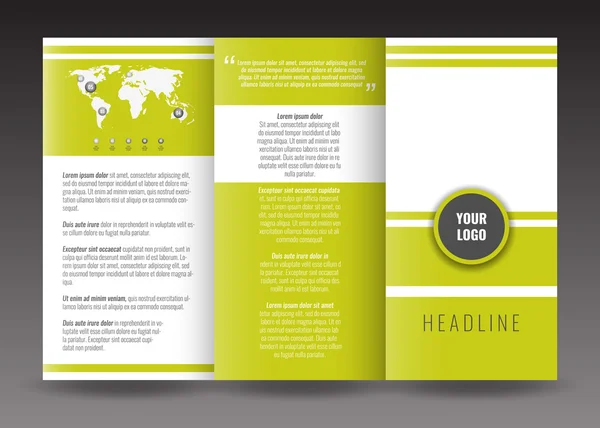 Corporate trefoldede brochure skabelon design. Med verdenskort infografisk element og sted for foto . – Stock-vektor