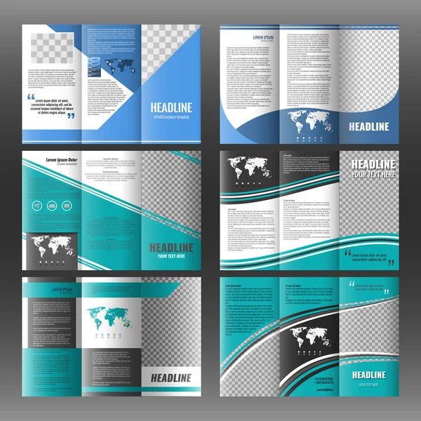 Conjunto de diseño de plantillas de folletos corporativos triples. Con mapa del mundo elemento infográfico y lugar para la foto . — Archivo Imágenes Vectoriales