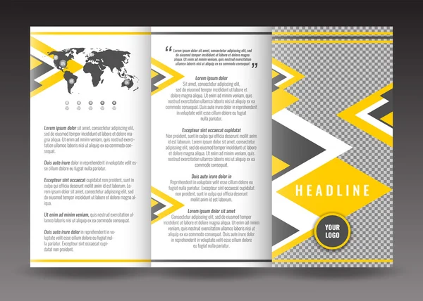 Diseño de plantilla de folleto de tríptico corporativo. Con mapa del mundo elemento infográfico y lugar para la foto . — Vector de stock