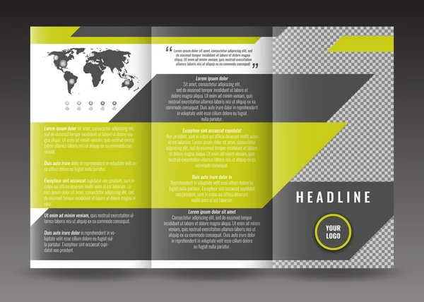 Corporate driebladige brochure sjabloonontwerp. Met wereld kaart infographic element en plaats voor foto. — Stockvector