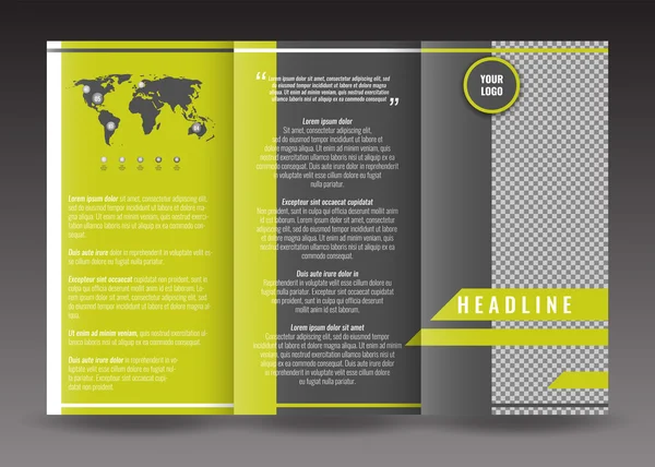 Modello di brochure trifold aziendale. Con mappa del mondo elemento infografico e luogo per la foto . — Vettoriale Stock
