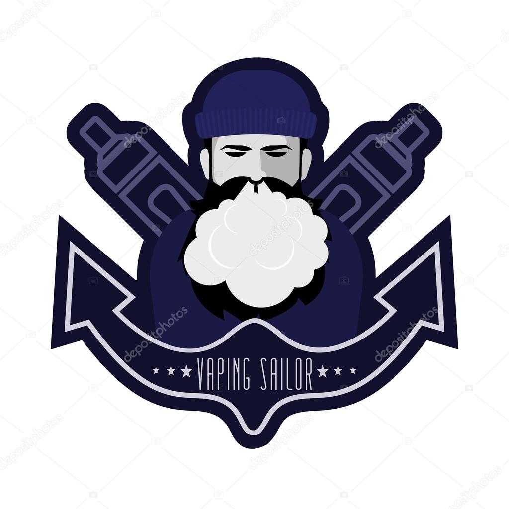 Vaping Sailor logo. Bearded vaping man. Stock vector.