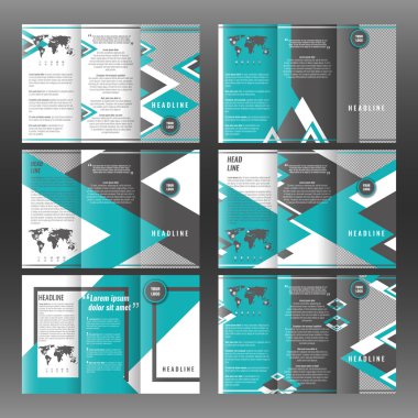 Şirket üçe katlanmış broşür şablonu tasarım üçgenler arka plan ile. Dünya harita Infographic öğesi ve fotoğraf için yer ile.  