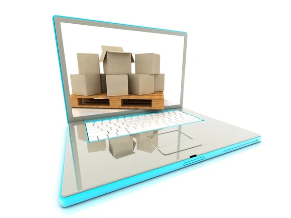 Cajas de cartón en un portátil. concepto de comercio electrónico . —  Fotos de Stock