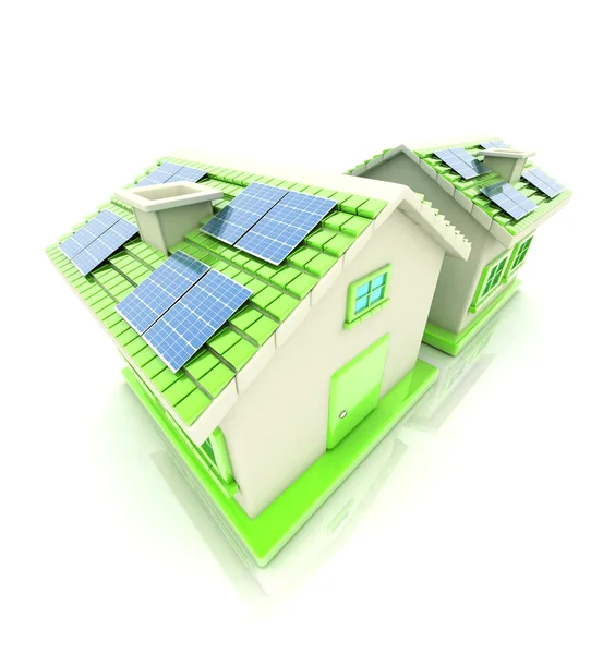 Koncept - 3d dům se solárními panely — Stock fotografie