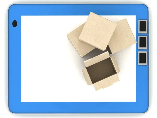 Tablet ve karton 3d kavramı kutu — Stok fotoğraf