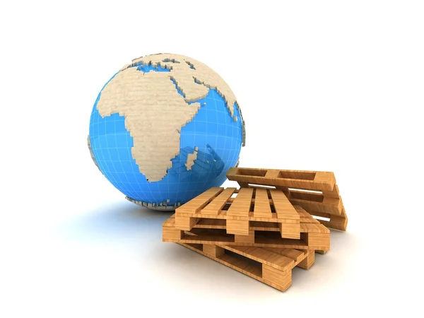 Paleți din lemn și conceptul globe 3d — Fotografie, imagine de stoc