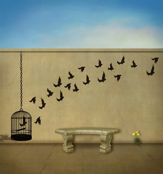 Wand mit Graffitis von Vögeln und Käfig — Stockfoto
