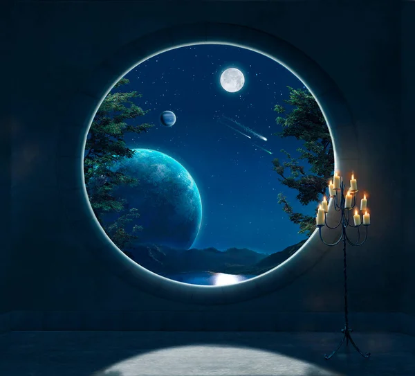 Mumlarla Aydınlatılmış Güzel Bir Oda Dolunay Gezegenlerle Gece Gökyüzünü Görebileceğiniz — Stok fotoğraf