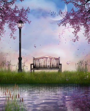 The bench and the river. Elements of this image furnished by NAS clipart