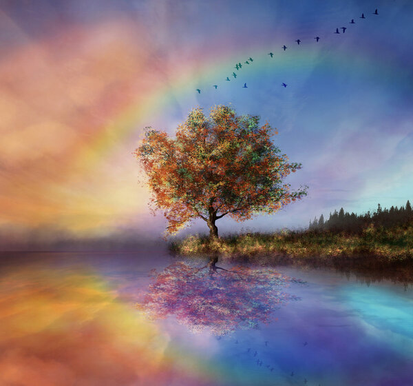 Fantastic landscape with rainbow