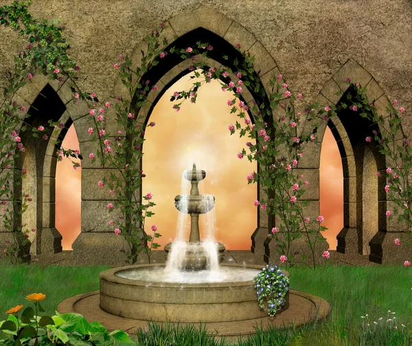 Medieval garden with a fountain — Stock Photo, Image