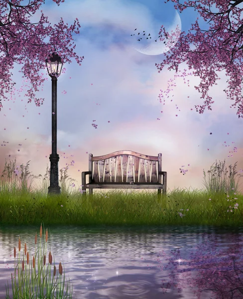The bench and the river. Elements of this image furnished by NAS — Stock Photo, Image