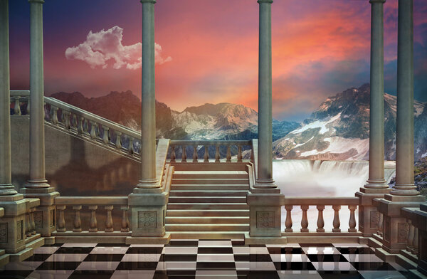View of a castle balcony and a beautiful landscape with mountains and waterfall