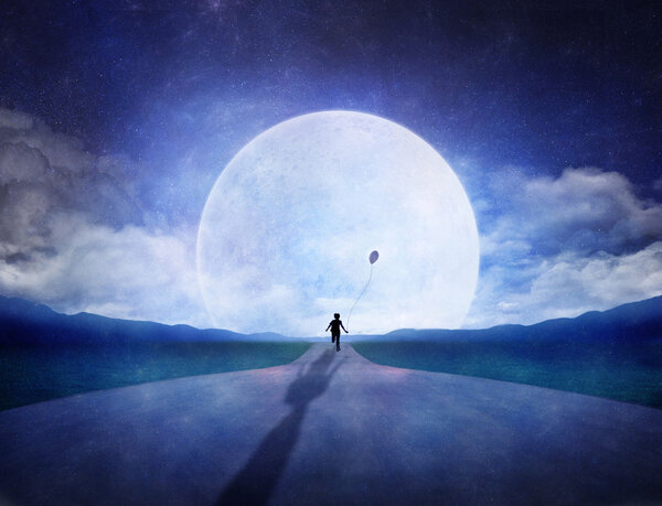 A little boy with a balloom is running on the road with a big moon in the back