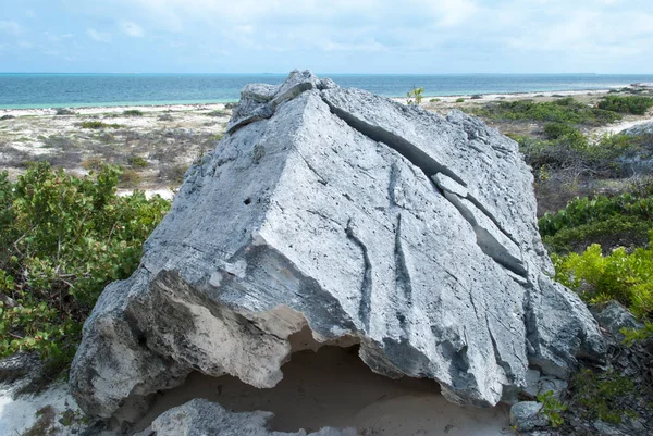 Morceau Roche Avec Une Sorte Symétrie Artificielle Posée Sur Rivage — Photo