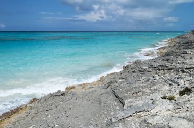 Yarım Ay Cay üzerinde kumsuz ve şeffaf turkuaz renkli suları olan kayalık bir sahil manzarası (Bahamalar)).