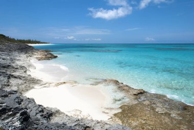 Yarım Ay Cay adası kayalık kıyı şeridinin turkuaz renkli şeffaf sularıyla manzarası (Bahamalar).