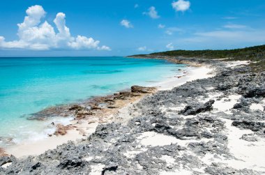 Half Moon Cay Adası 'ndaki (Bahamalar) kayalık vahşi plajın manzarası).