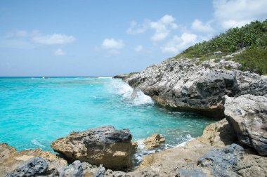 Half Moon Cay 'in dik kayalık kıyı şeridi ve turkuaz renkli sularının manzarası (Bahamalar). 