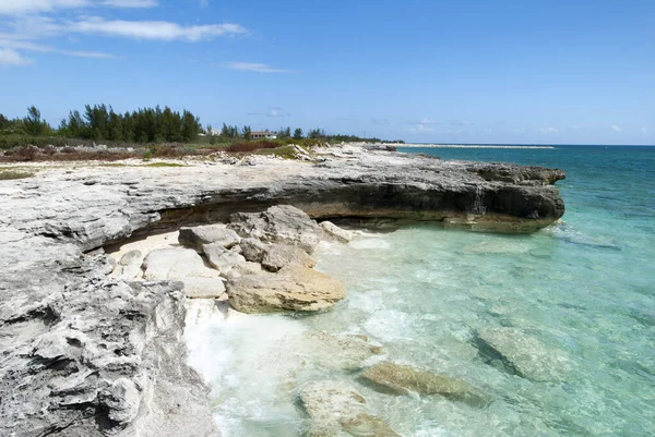 Transparante Wateren Spoelden Uitgesleten Rotsachtige Kustlijn Grand Bahama Eiland — Stockfoto