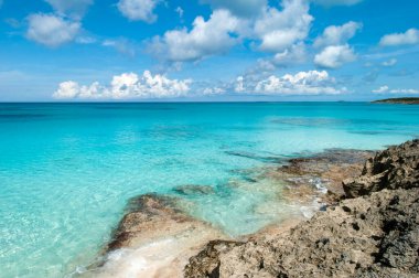 Half Moon Cay kayalık kıyı şeridi ve turkuaz rengi şeffaf suların manzarası (Bahamalar).