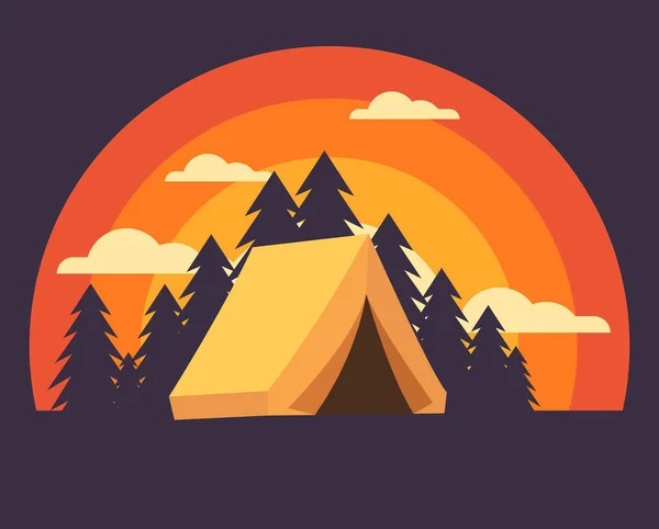 Camping Atardecer Vista Vector Dibujos Con Pinos Cielo Rojo — Vector de stock