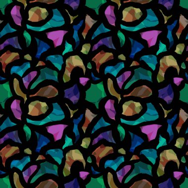 Kusursuz, el çizimi parlak, neon bir sanat deseni. Renkli yanardöner kenarları olan yontulmuş değerli taşların taklidi, pürüzlü kenarları olan fırça darbeleri. Kumaşlar, spor ve gençlik giysileri, tekstil, dekor için