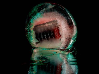 Yaratıcı bir makro fotoğrafta 2021 yılının gelişini simgeleyen karanlıkta bir buz sayacı.