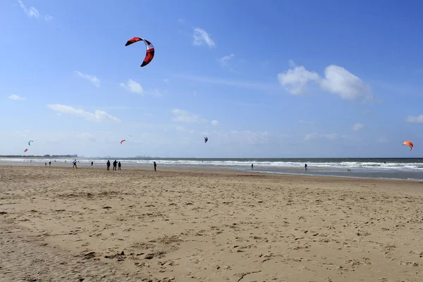 Piękny Krajobraz Holenderskim Wybrzeżu Kadzandzie Zeeland Burzliwy Dzień Wiosną Kitesurferami — Zdjęcie stockowe