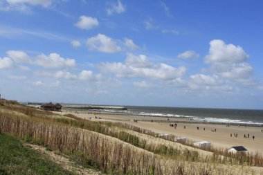 Cadzand 'da bir deniz manzarası. Önünde marram otları, arkasında kumlu bir kumsal ve mavi gökyüzü olan bir kumsal.