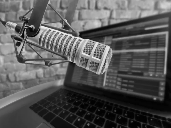 online radio broadcasting: microphone and laptop