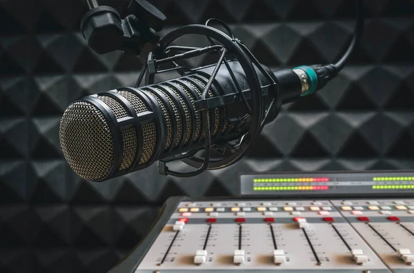 Professional microphone in radio station studio