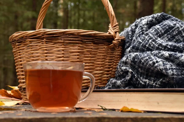 Masasında çay olan şeffaf bir fincan. Yakınlarda hasır bir sepet, bir kitap ve bir battaniye var. Sonbahar pikniği.
