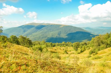 Büyük dağ ve ağaçlar olan bir alana