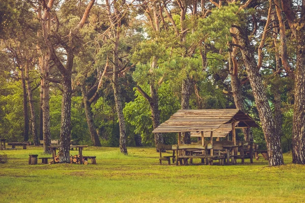 Picnic gazebo de madera en el bosque — Foto de Stock