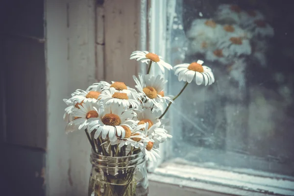 창 근처 은행에 꽃의 꽃다발 — 스톡 사진