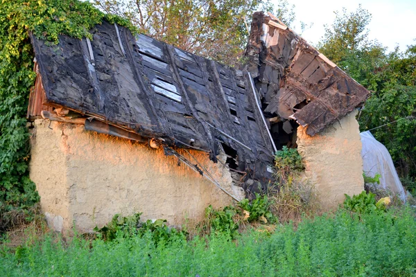 Vieja casa con el techo roto y césped cubierto — Foto de Stock