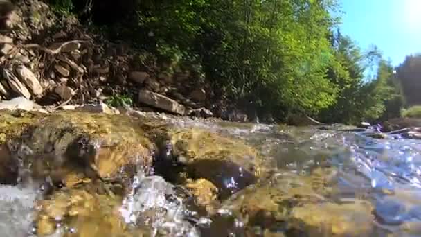 Landskap berg flod, berg, skog, stenar och blå himmel. — Stockvideo